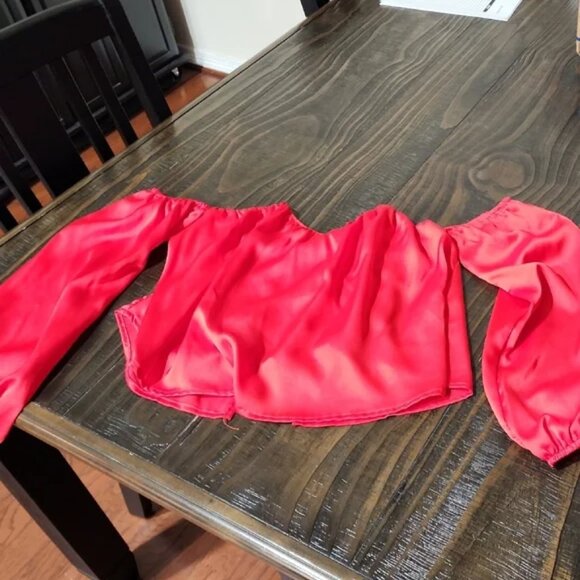 Red Silk Pant & Off Shoulder Crop Top - 2 piece set - Picture 2 of 4